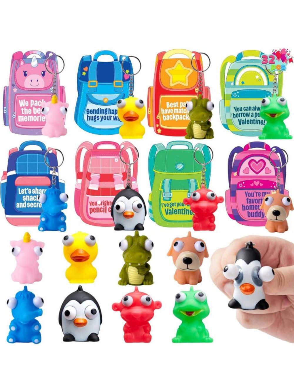 32 Pcs Valentine's Day Cute Pop-Eye Keychains & Cards - Stress Relief Toys for